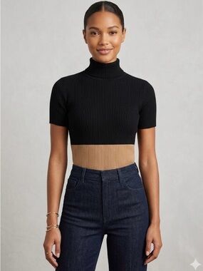 100% wool merino PAULE KA Black Ribbed Turtleneck Crop Top with Camel Band 763